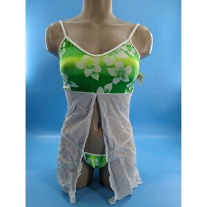 BODYZONE QT PIE NWT  green floral accent‎ 2 piece babydoll set